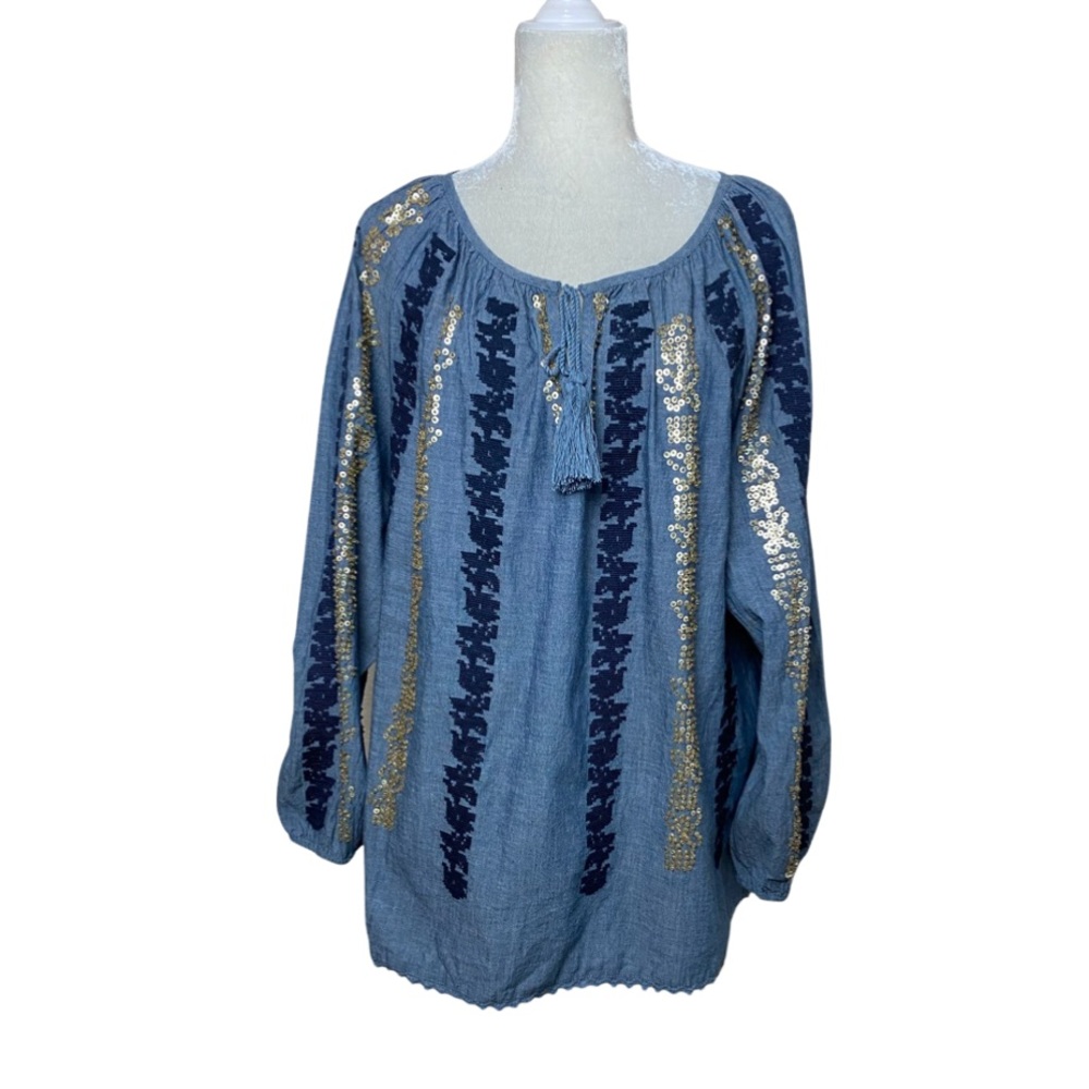 Denim 24/7 Blue Chambray Sequin & Embroidered Peasant Boho Blouse Size 18W - Picture 3 of 13